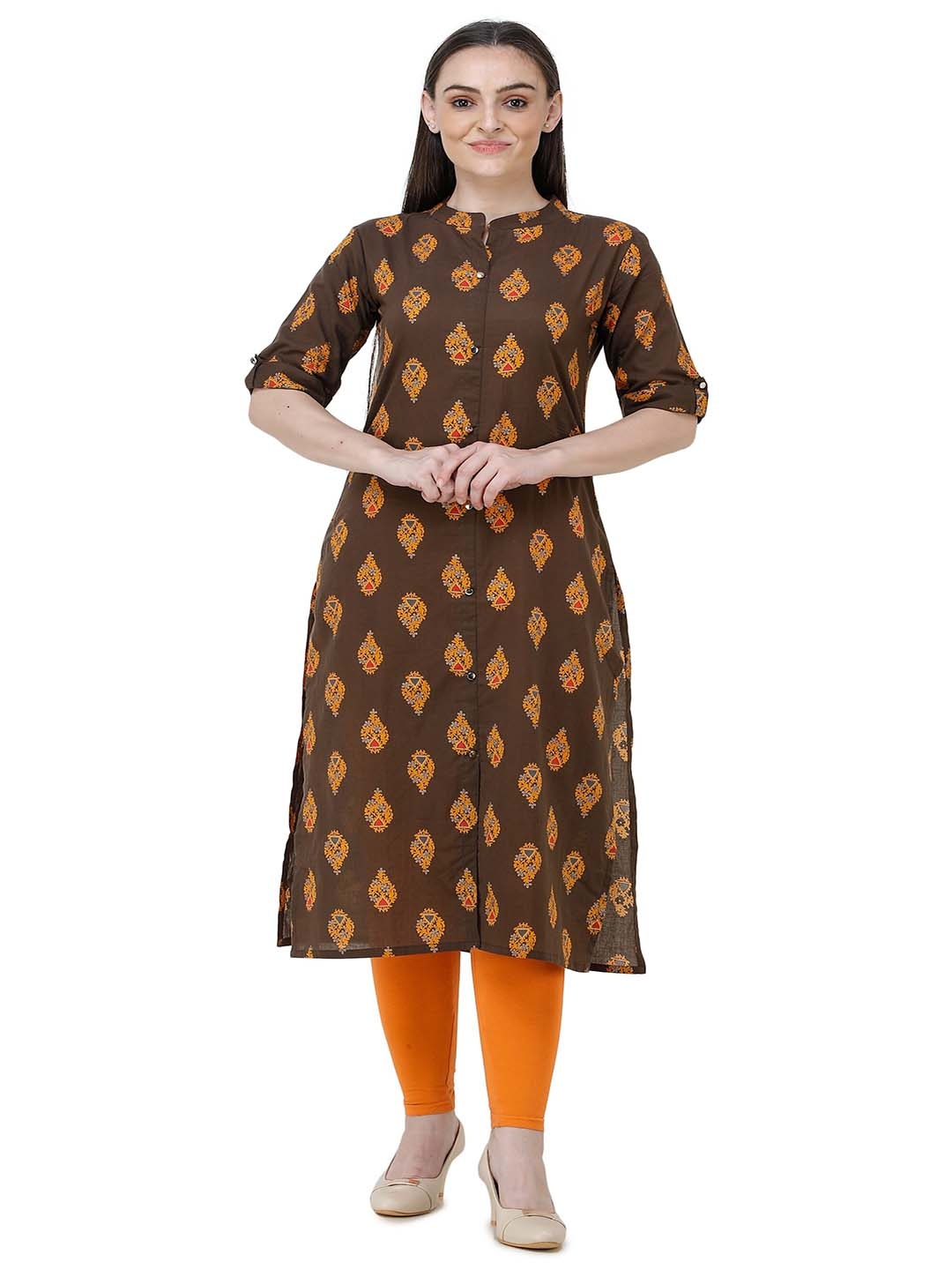 

Lavanya Women Brown & Orange Geometric Pure Cotton Printed Kurta