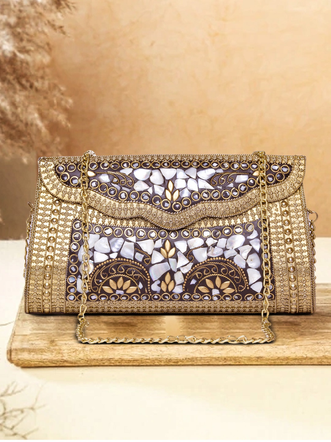 

ARTFLYCK Gunmetal & Brown Embellished Box Clutch, Metallic