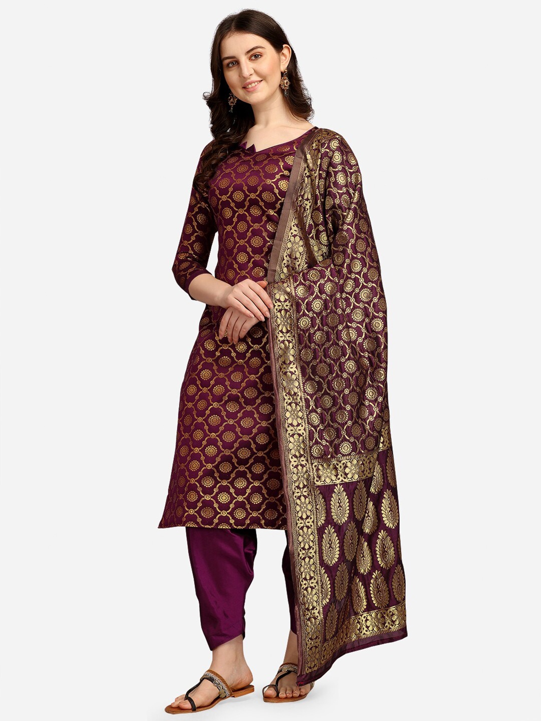 

Ethnic Junction Purple & Gold-Toned Unstitched Dress Material