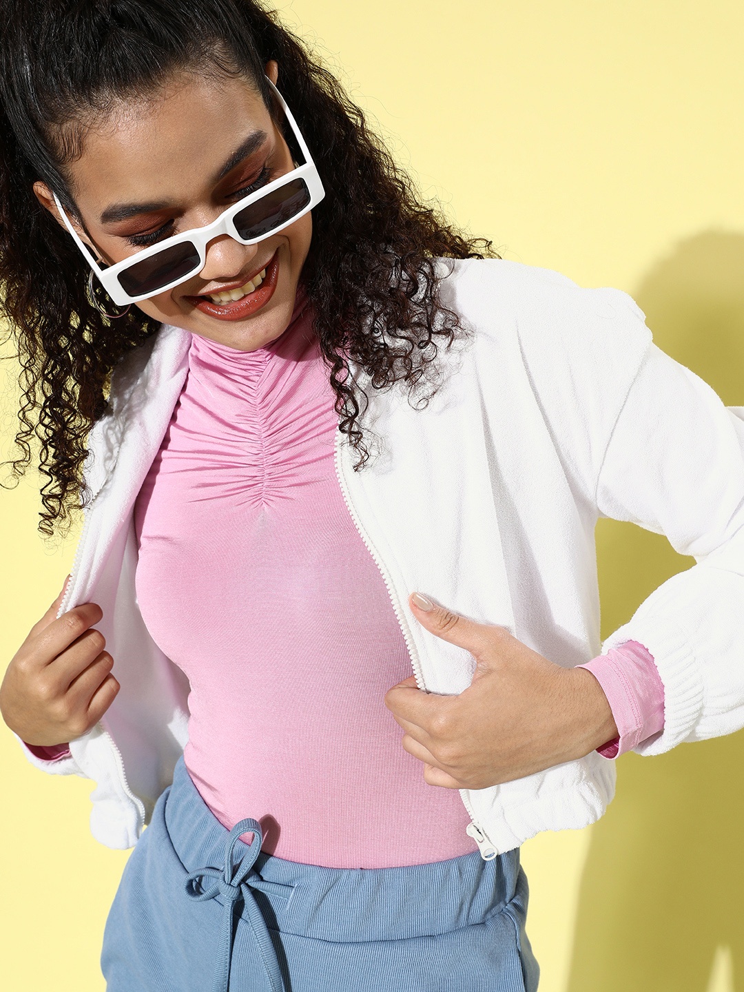 

Tokyo Talkies Women White Crop Bomber Jacket