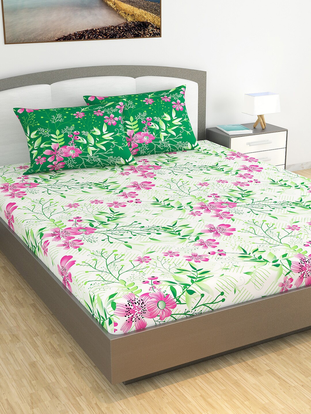 

Divine Casa White & Green Floral 120 TC Queen Bedsheet with 2 Pillow Covers