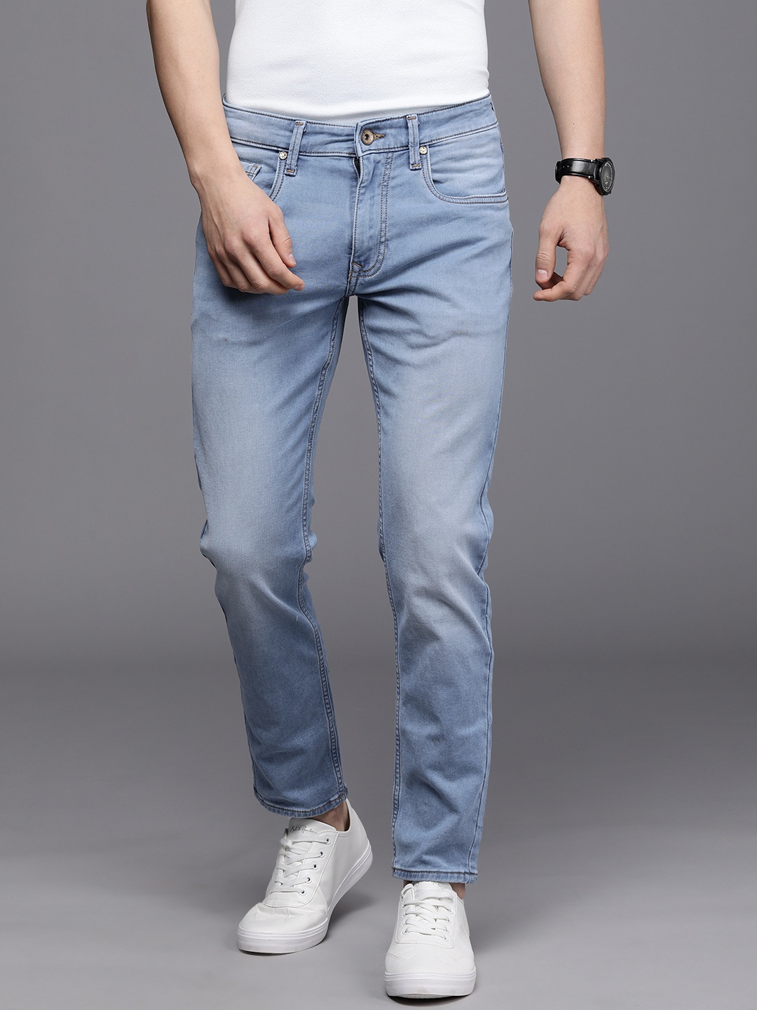

Louis Philippe Jeans Men Blue Smart Skinny Crop Tapered Fit Light Fade Stretchable Jeans