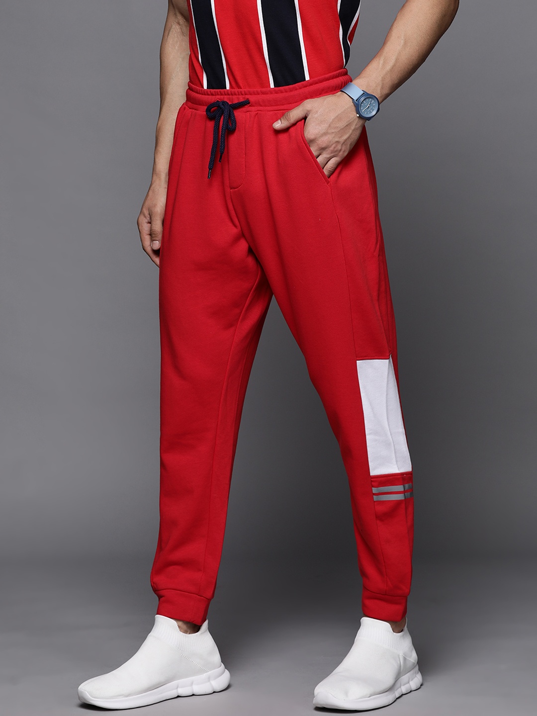 

Allen Solly Sport Men Red & White Regular Fit Joggers with Reflective Strips Detail