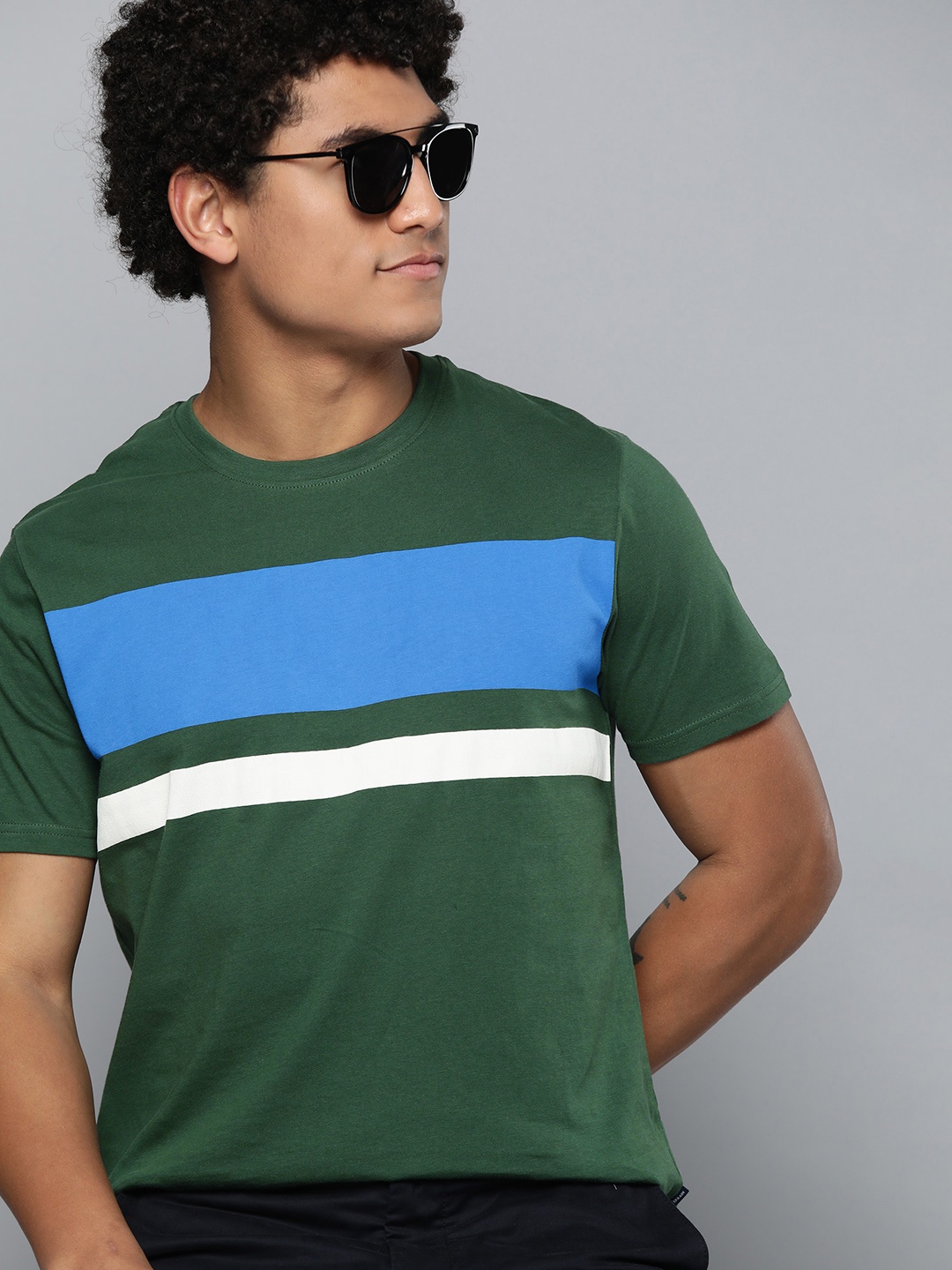 

Indian Terrain Men Green & Blue Striped Pure Cotton T-shirt