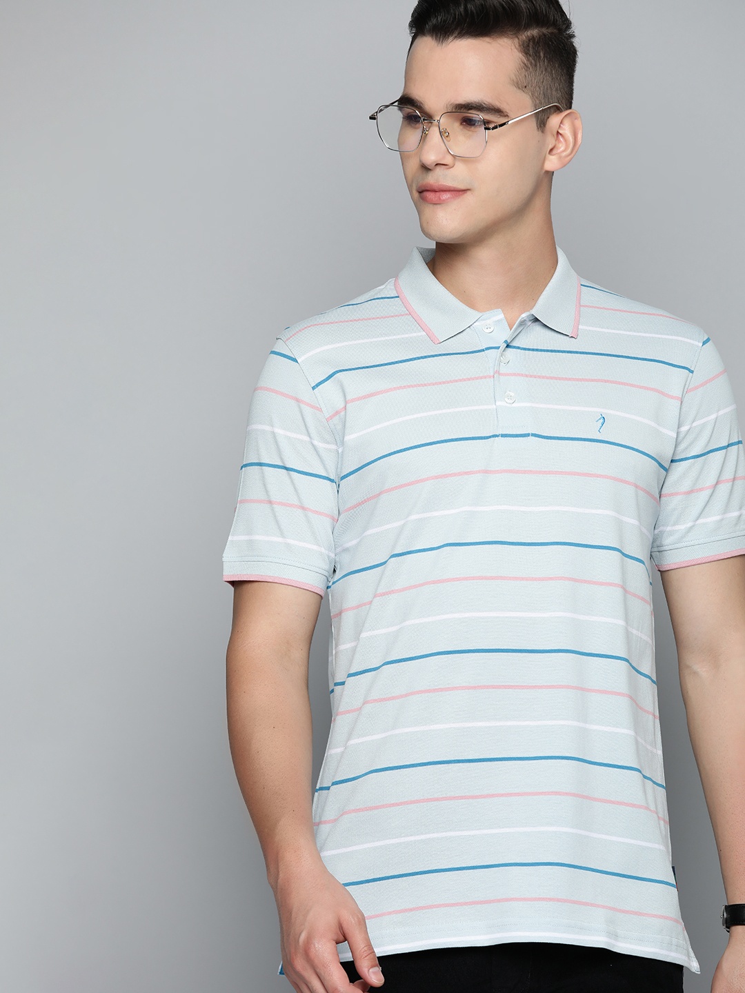 

Indian Terrain Striped Polo Collar Pure Cotton T-shirt, Blue