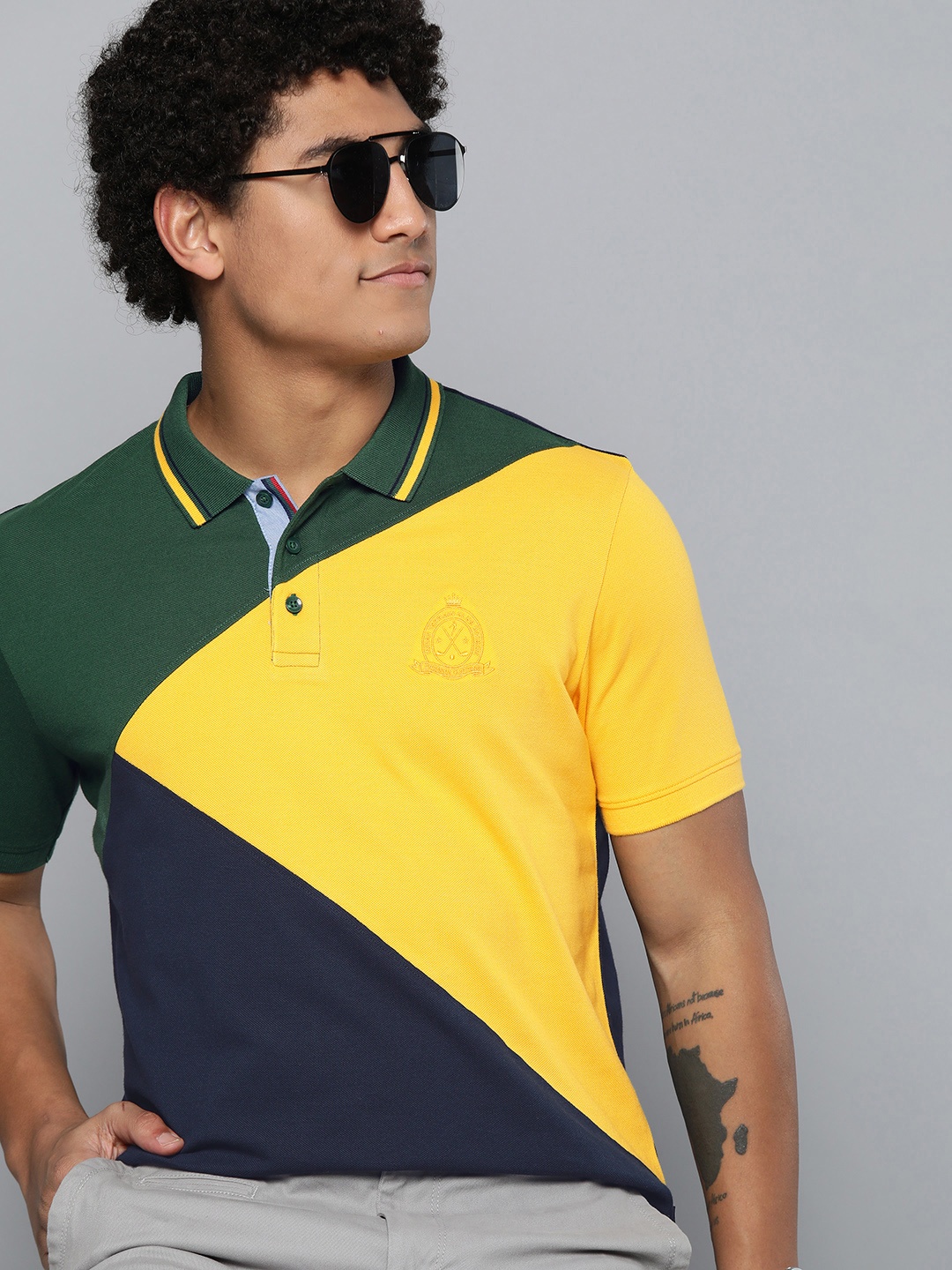 

Indian Terrain Men Green & Yellow Colourblocked Polo Collar T-shirt
