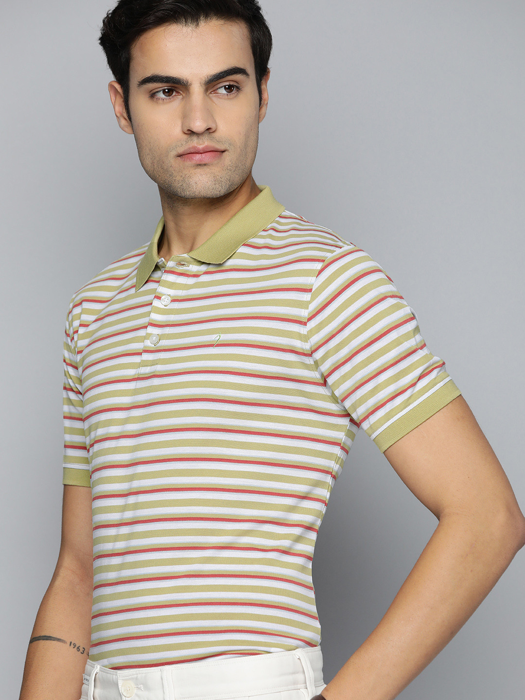 

Indian Terrain Striped Polo Collar Pure Cotton T-shirt, White