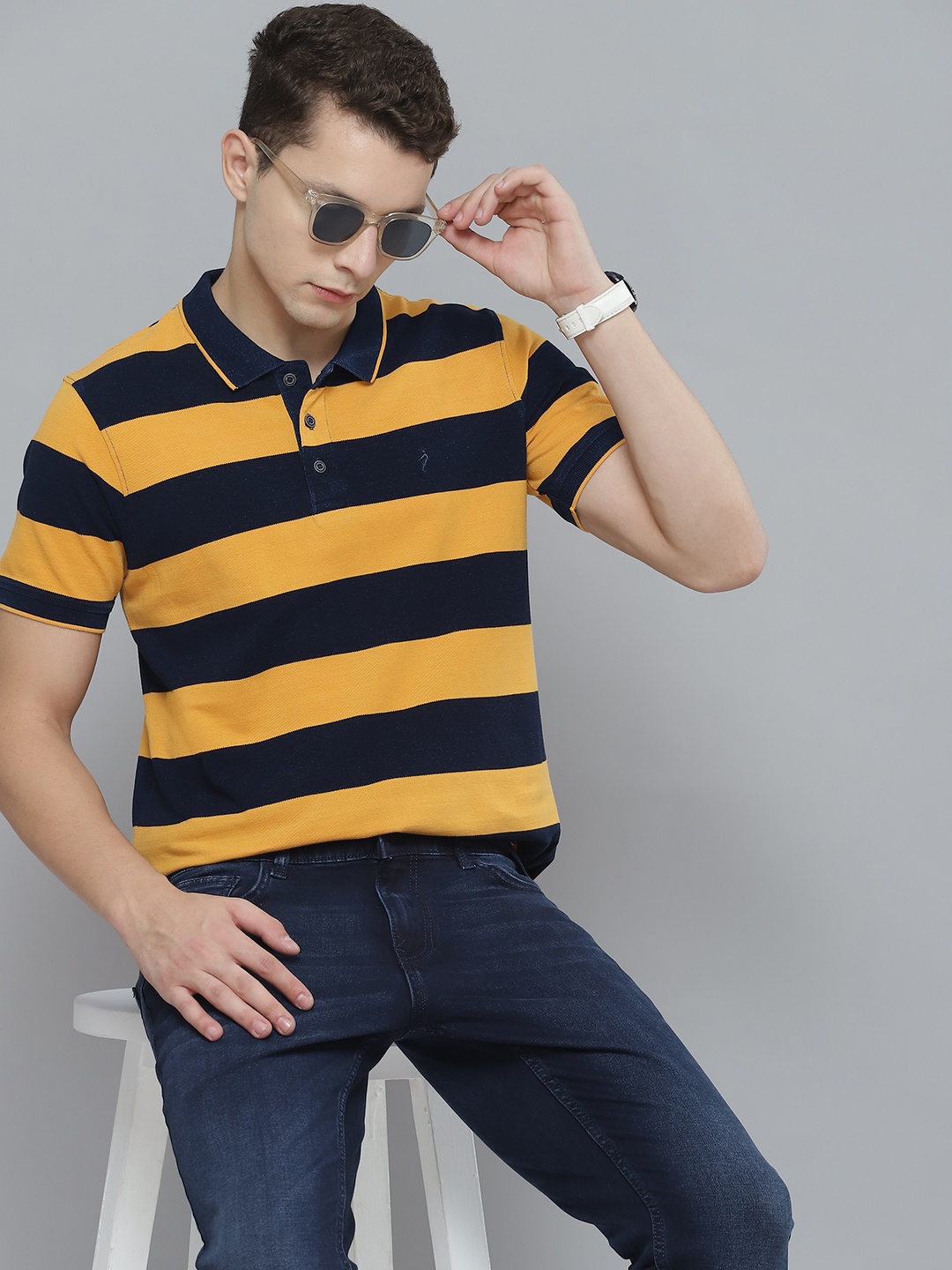 

Indian Terrain Men Yellow & Navy Blue Striped Polo Collar Pure Cotton T-shirt