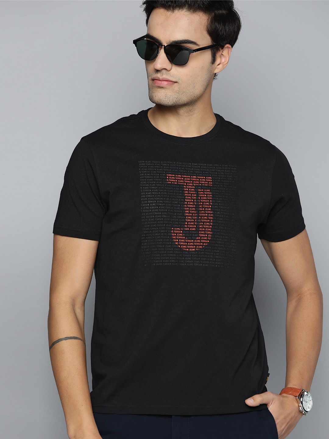 

Indian Terrain Men Typography Printed Pure Cotton T-shirt, Black