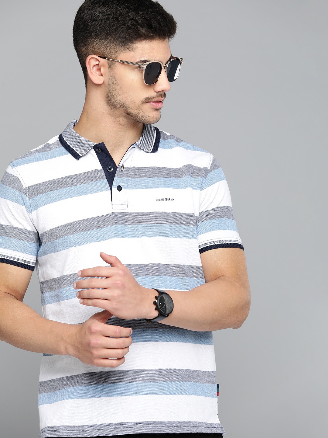 

Indian Terrain Men Pure Cotton Striped Polo Collar T-shirt, Blue