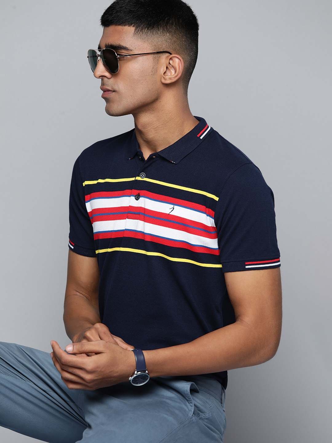 

Indian Terrain Men Striped Polo Collar T-shirt, Navy blue