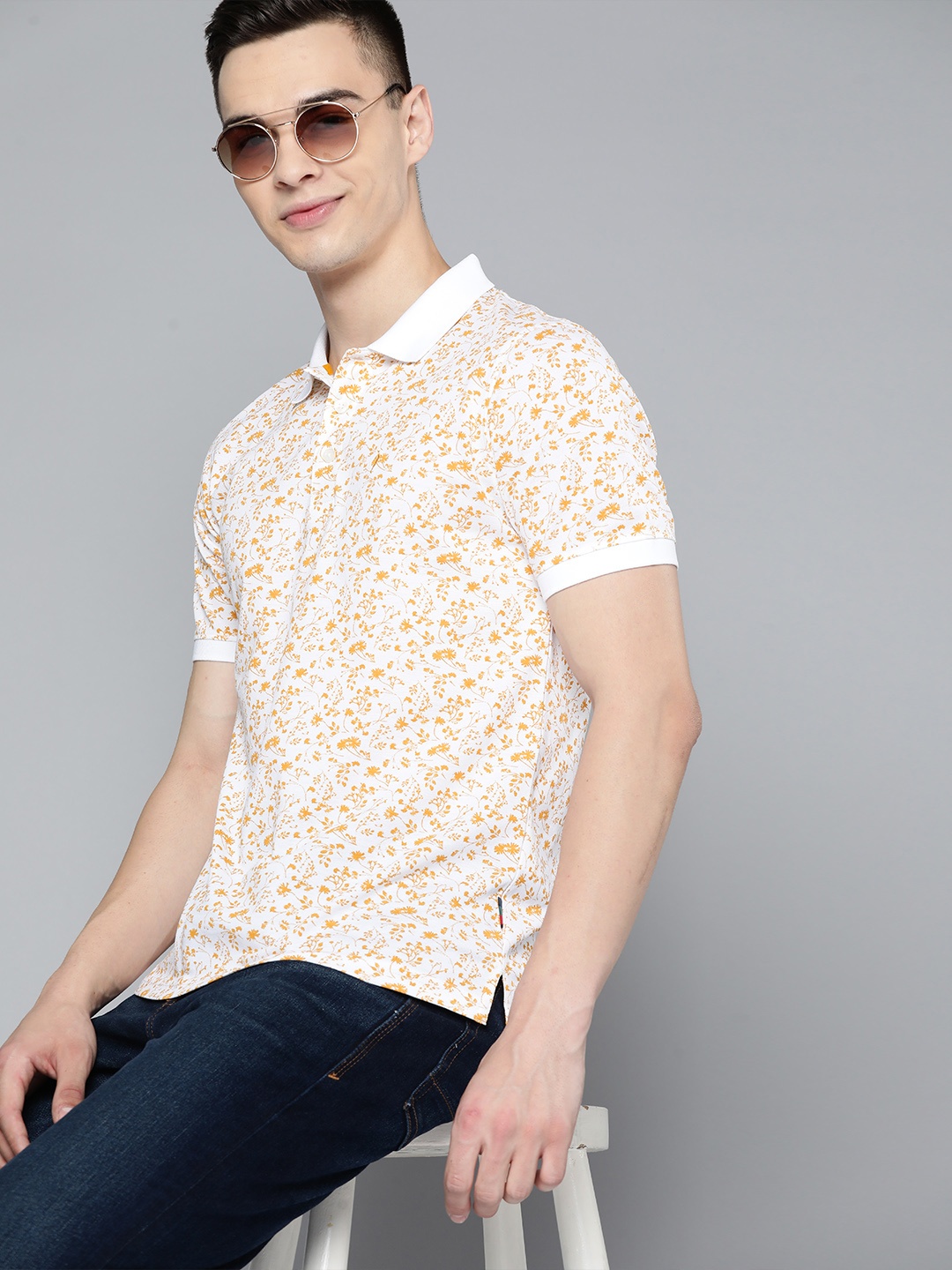 

Indian Terrain Pure Cotton Floral Printed Polo Collar T-shirt, White