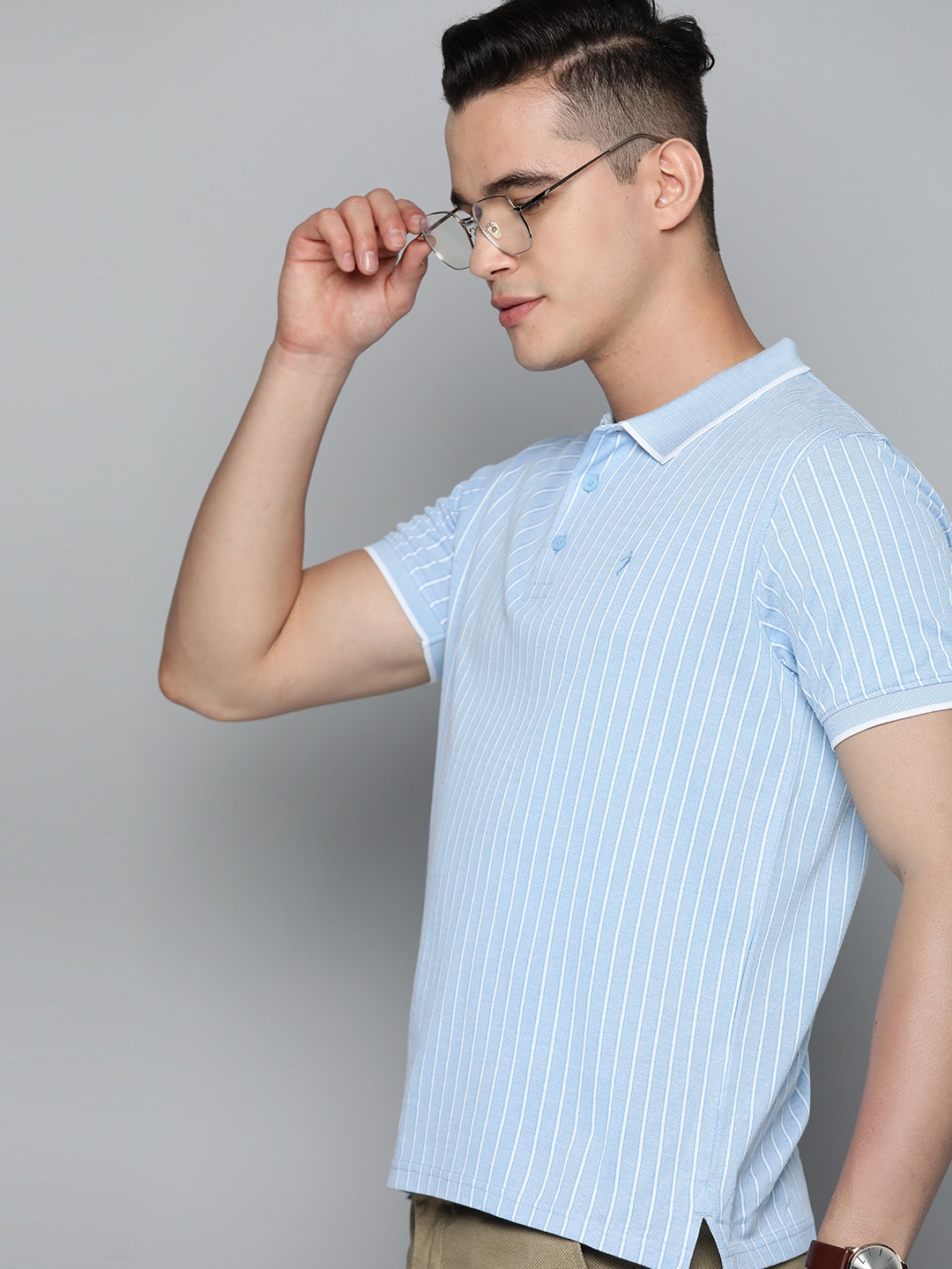 

Indian Terrain Striped Polo Collar Pure Cotton T-shirt, Blue