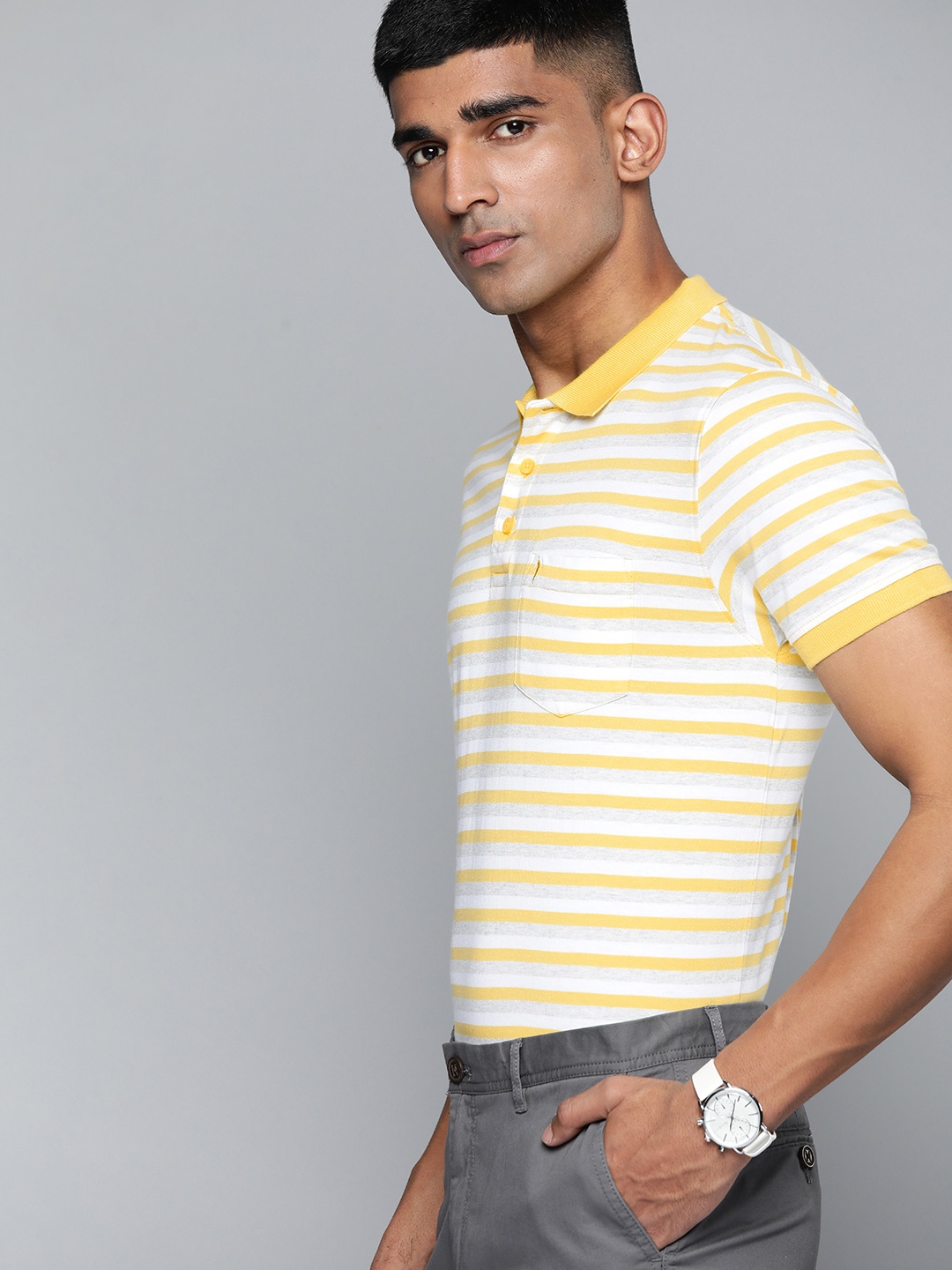 

Indian Terrain Men Striped Polo Collar Pure Cotton T-shirt, Yellow