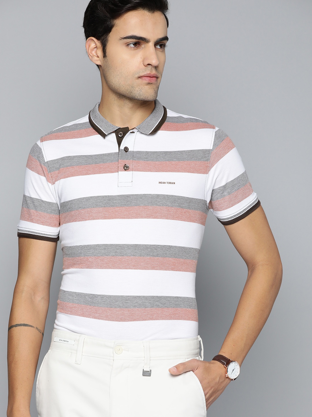 

Indian Terrain Striped Polo Collar Pure Cotton T-shirt, White