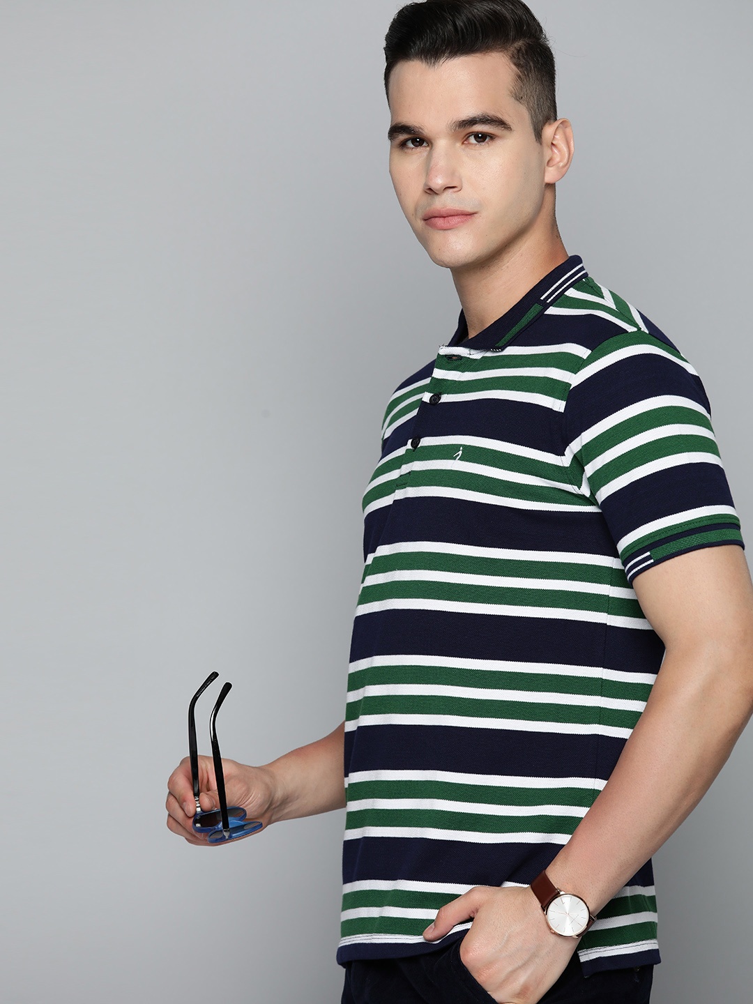 

Indian Terrain Striped Polo Collar T-shirt, Navy blue