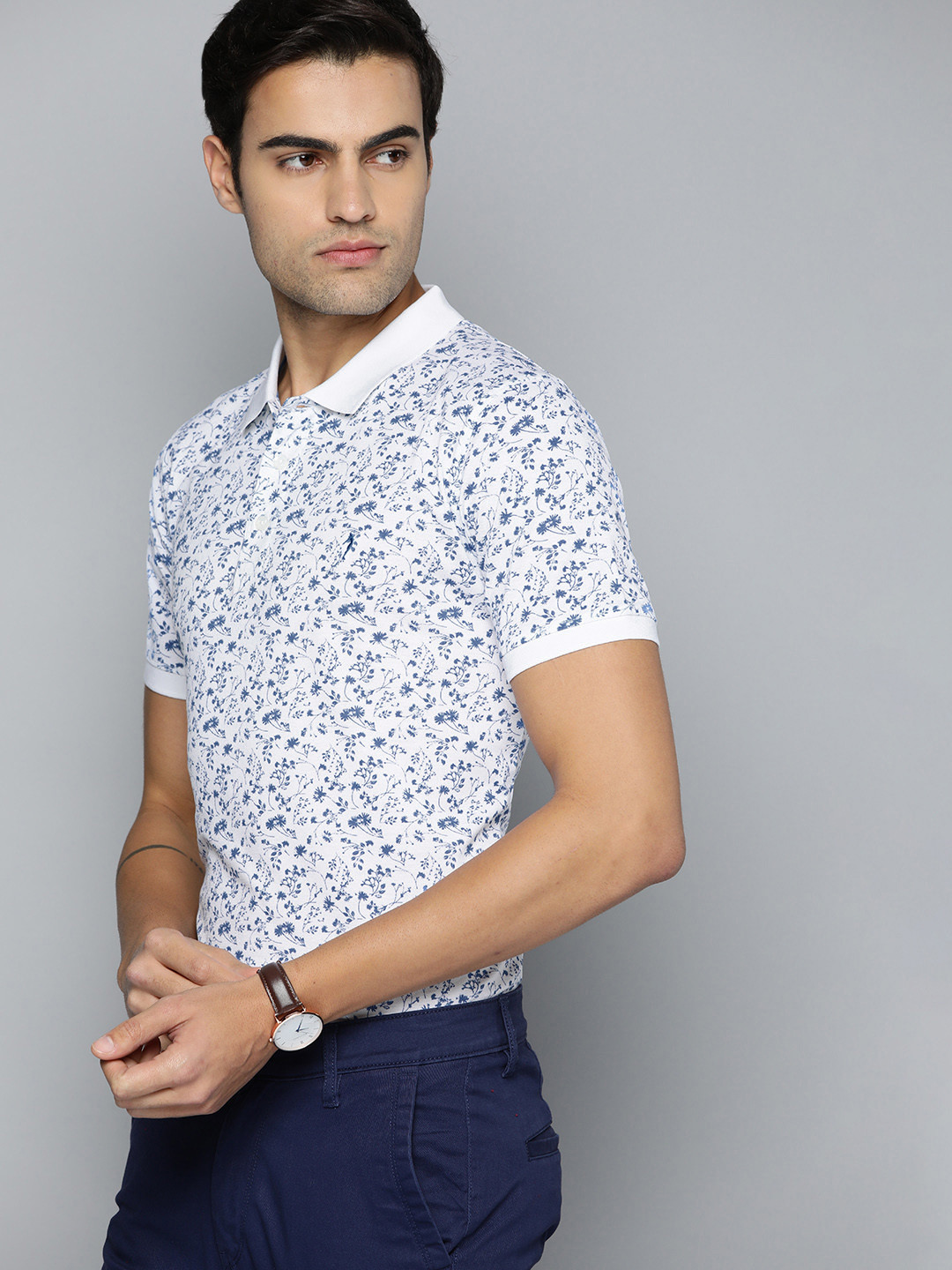 

Indian Terrain Floral Printed Polo Collar Pure Cotton T-shirt, White