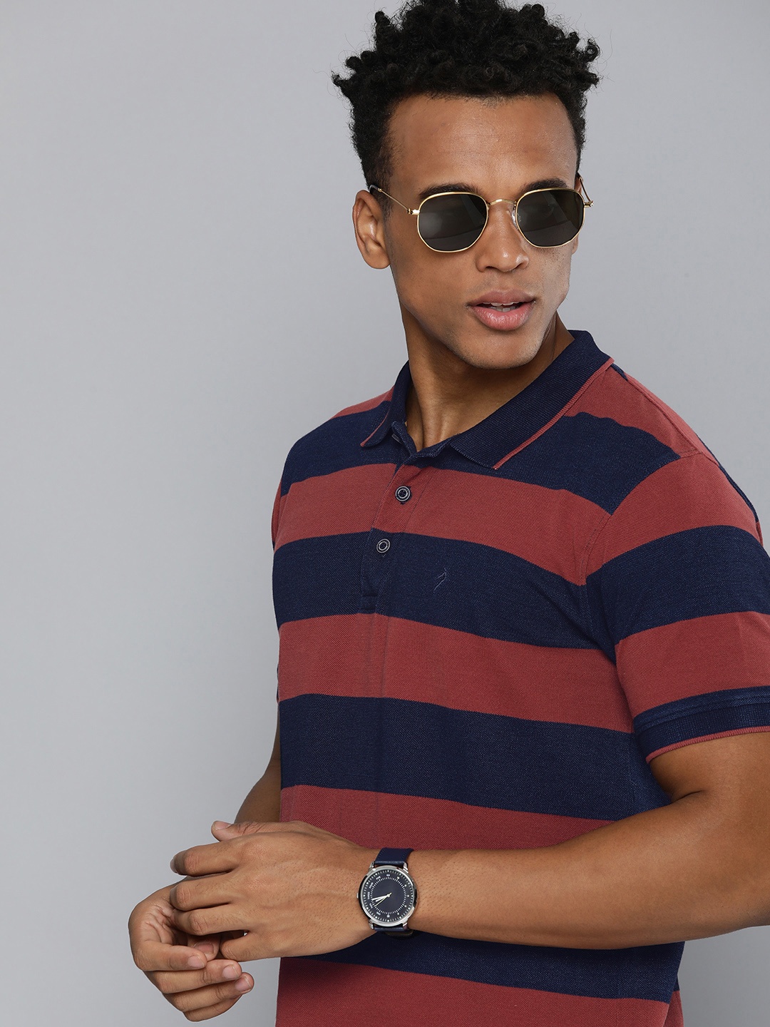 

Indian Terrain Striped Polo Collar Pure Cotton T-shirt, Blue