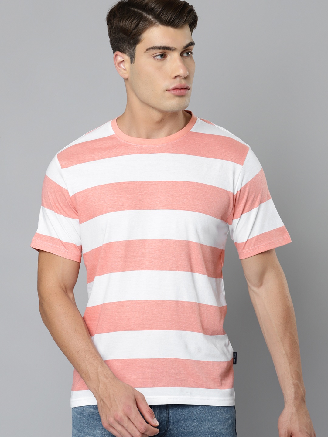 

Indian Terrain Men Peach-Coloured & White Pure Cotton Striped T-shirt