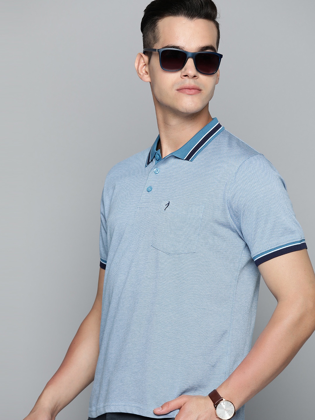 

Indian Terrain Men Striped Polo Collar Pure Cotton T-shirt, Blue