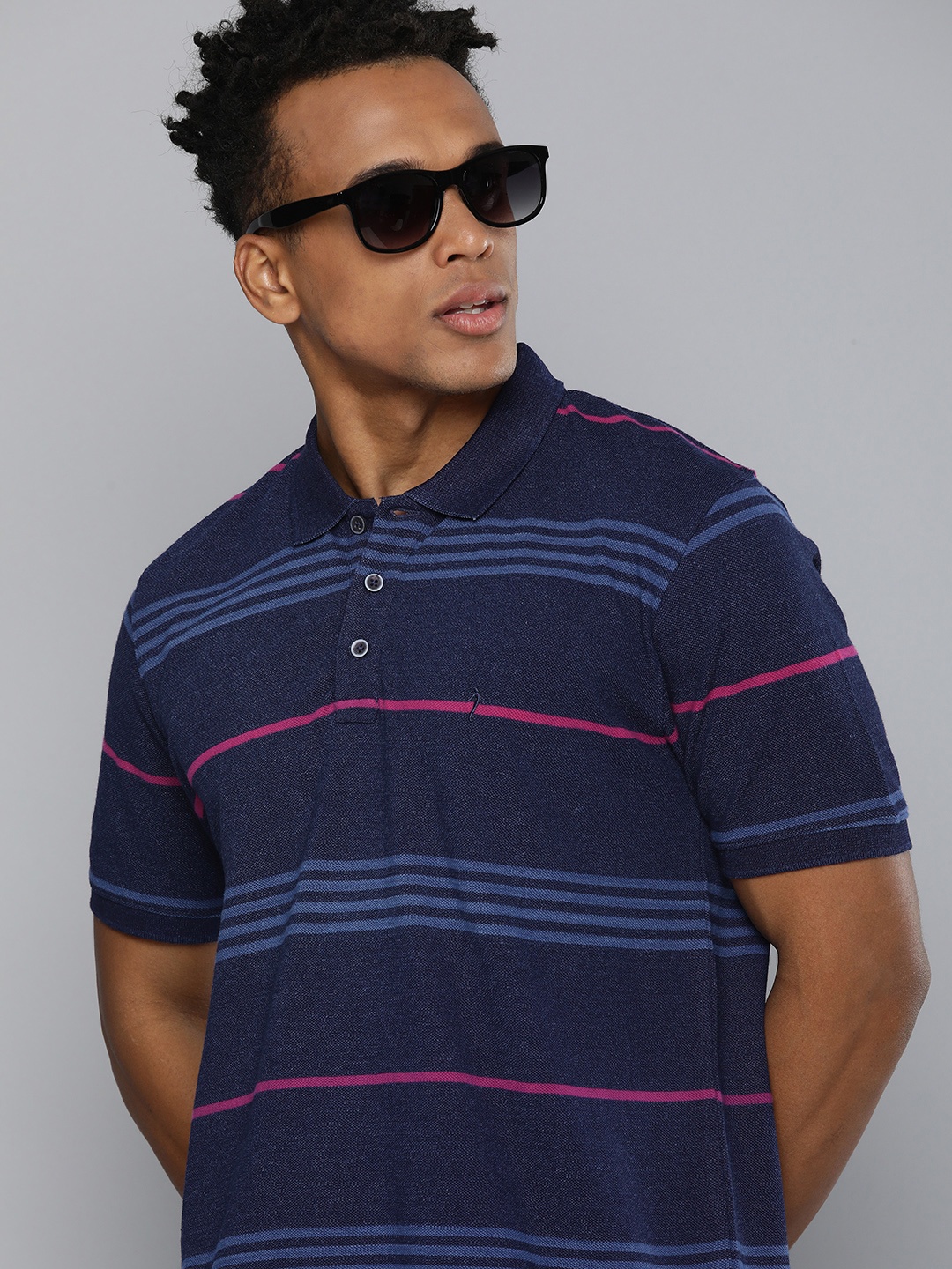 

Indian Terrain Striped Polo Collar Pure Cotton T-shirt, Blue