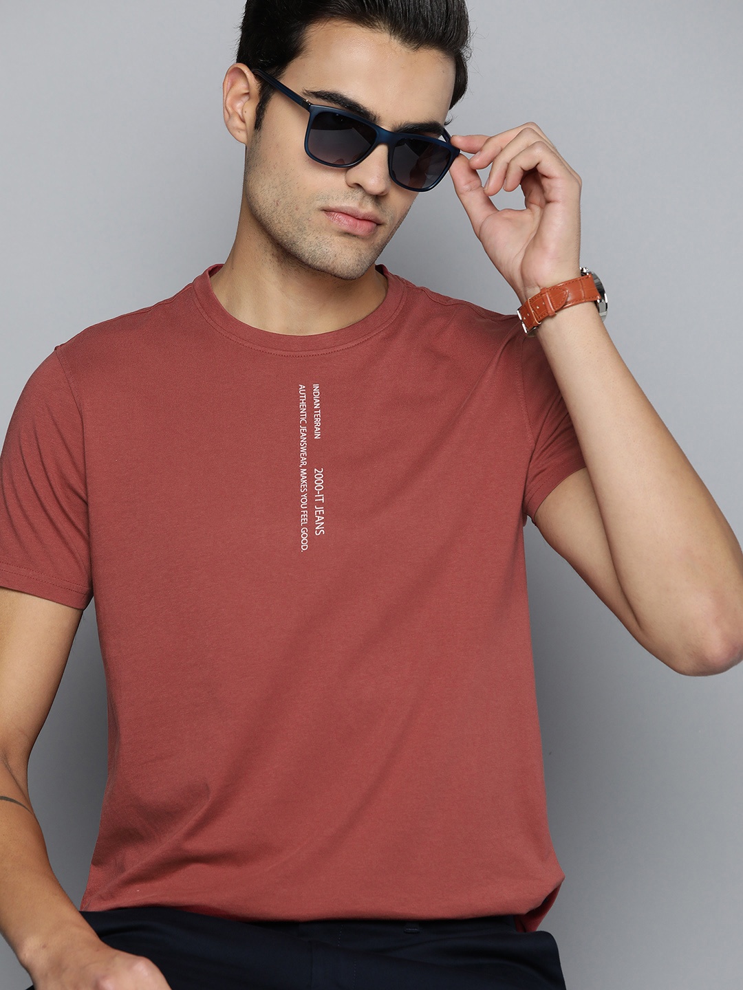 

Indian Terrain Men Typography Printed Pure Cotton T-shirt, Rust