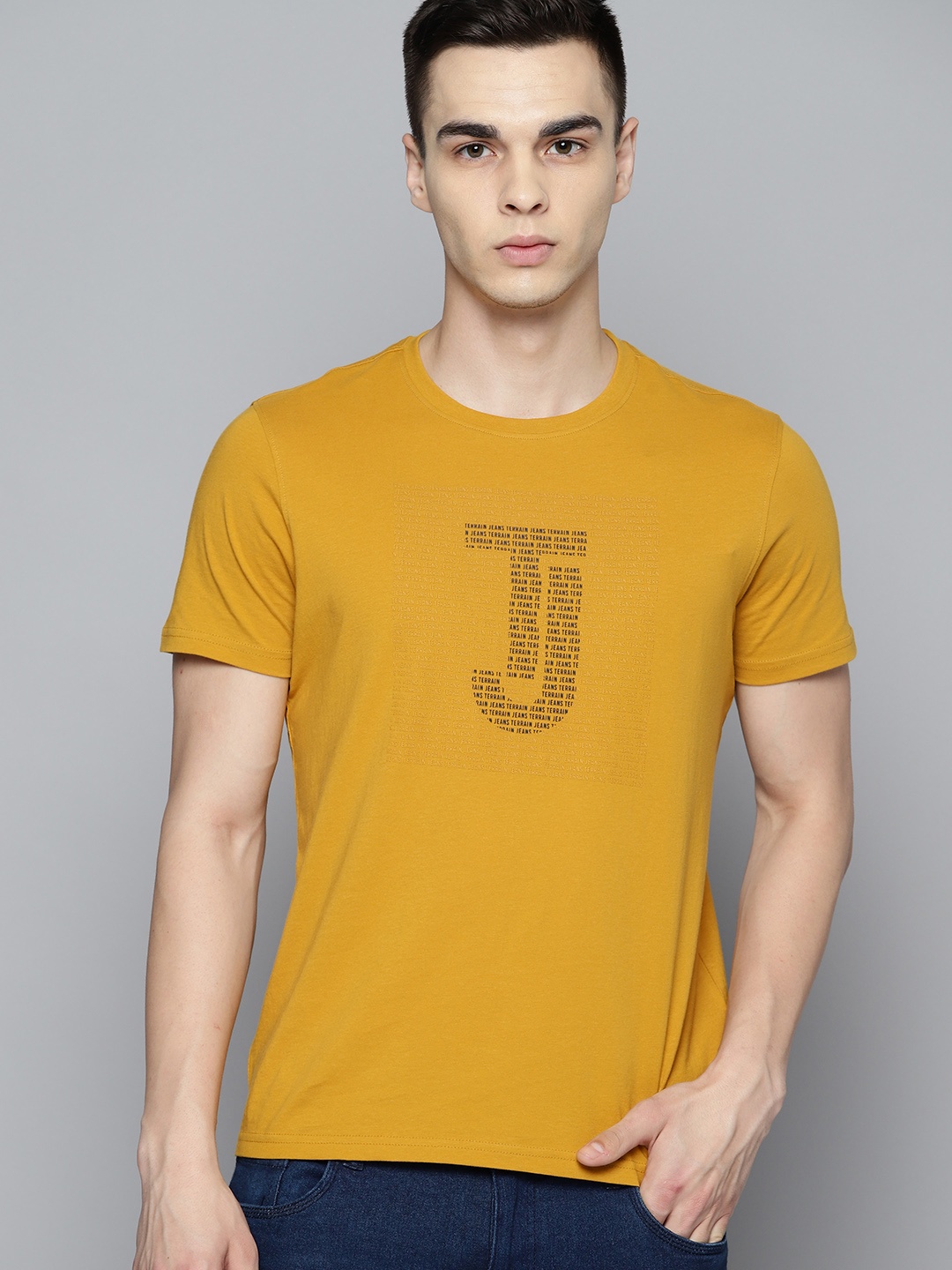

Indian Terrain Brand Logo Embossed T-shirt, Mustard