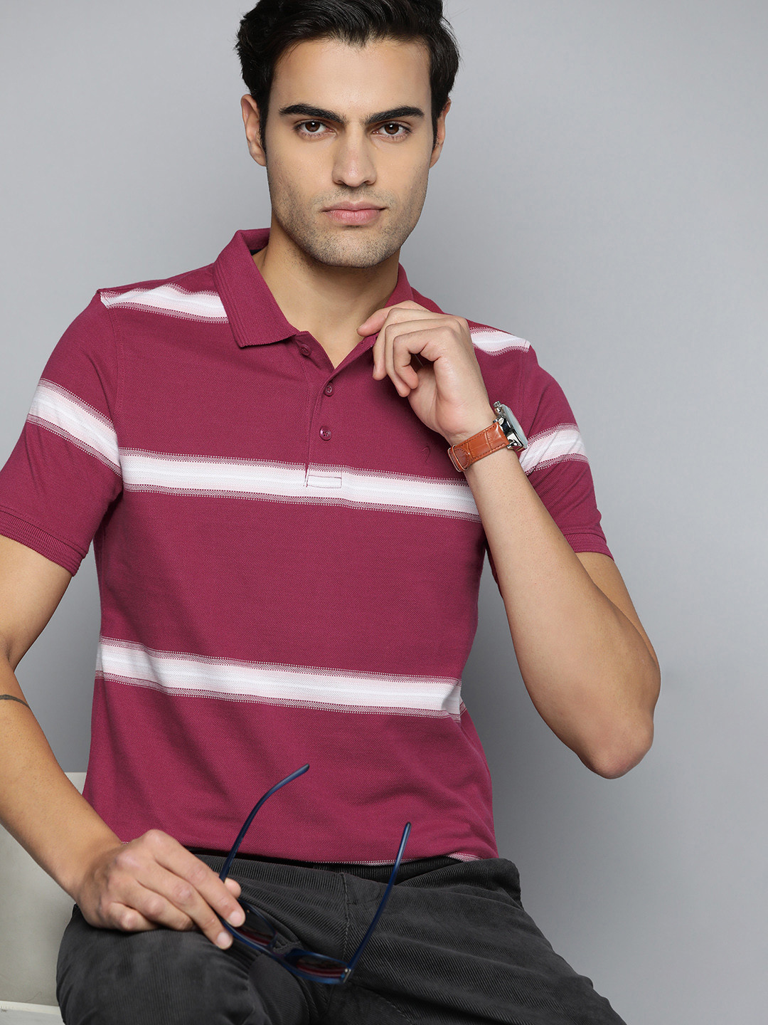 

Indian Terrain Striped Polo Collar Pure Cotton T-shirt, Magenta