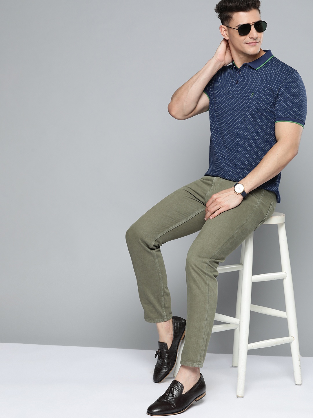 

Indian Terrain Men Navy Blue Printed Polo Collar Pure Cotton T-shirt