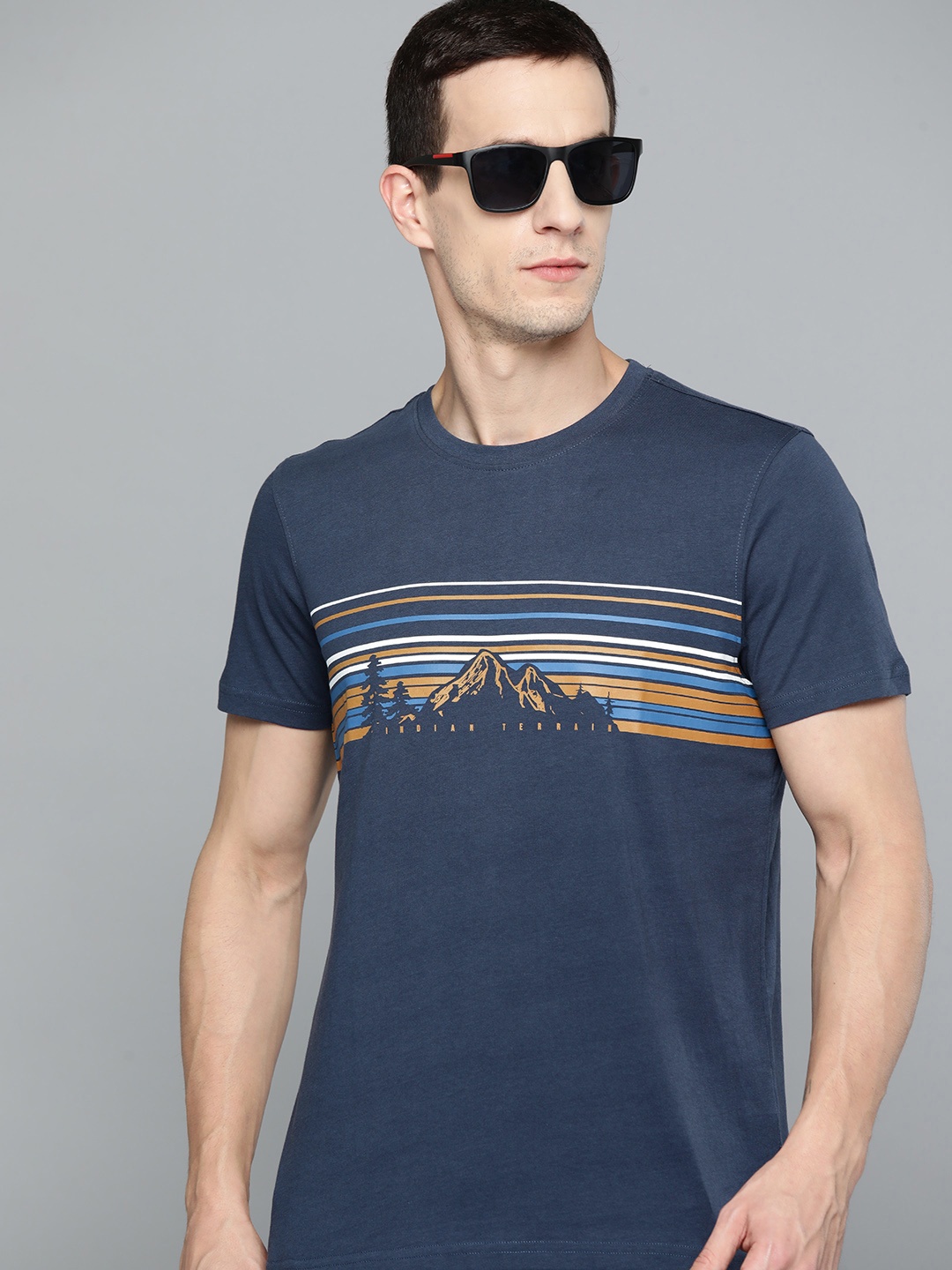 

Indian Terrain Striped Pure Cotton T-shirt, Navy blue