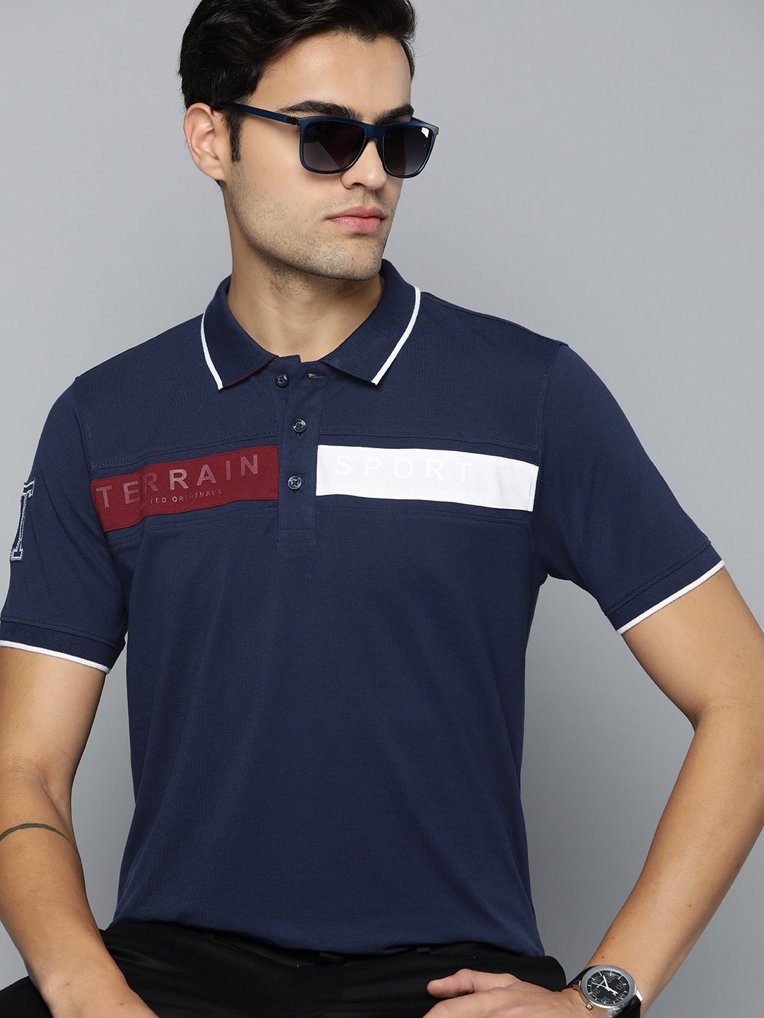 

Indian Terrain Brand Logo Printed Pure Cotton Striped T-shirt, Navy blue