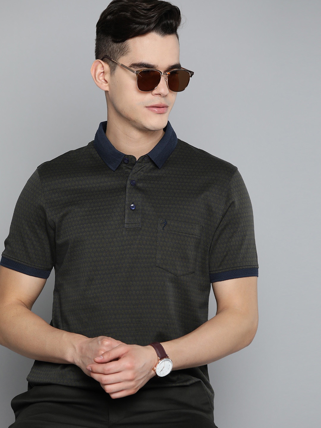 

Indian Terrain Geometric Polo Collar Pure Cotton T-shirt, Olive