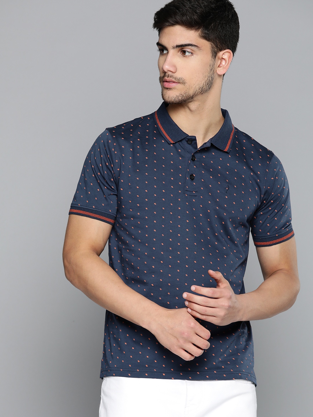 

Indian Terrain Men Printed Pure Cotton Polo Collar T-shirt, Navy blue