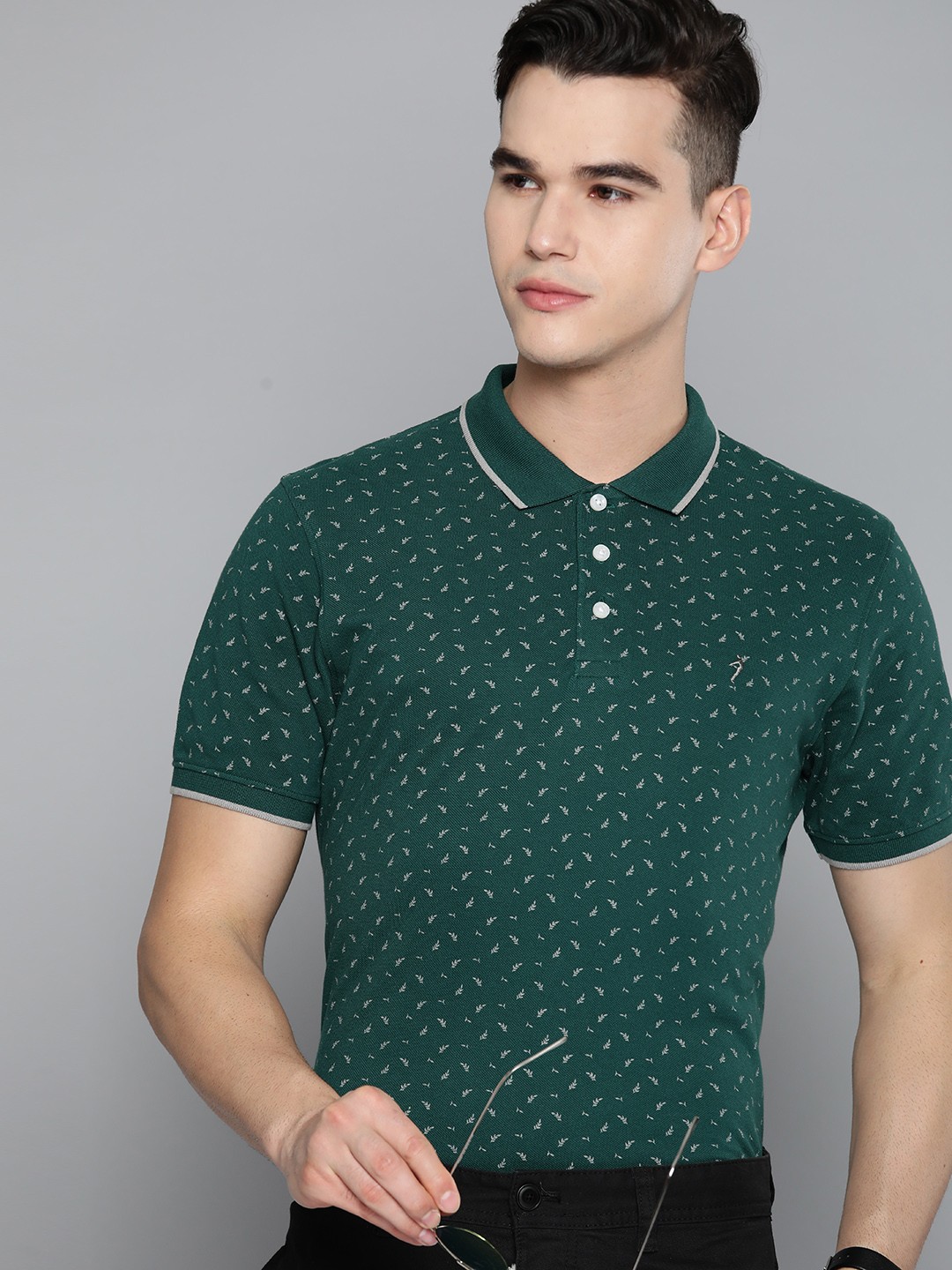 

Indian Terrain Printed Pure Cotton Smart Casual Polo T-shirt, Green