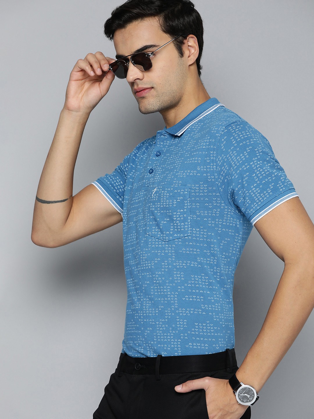 

Indian Terrain Geometric Printed Polo Collar Pure Cotton T-shirt, Blue