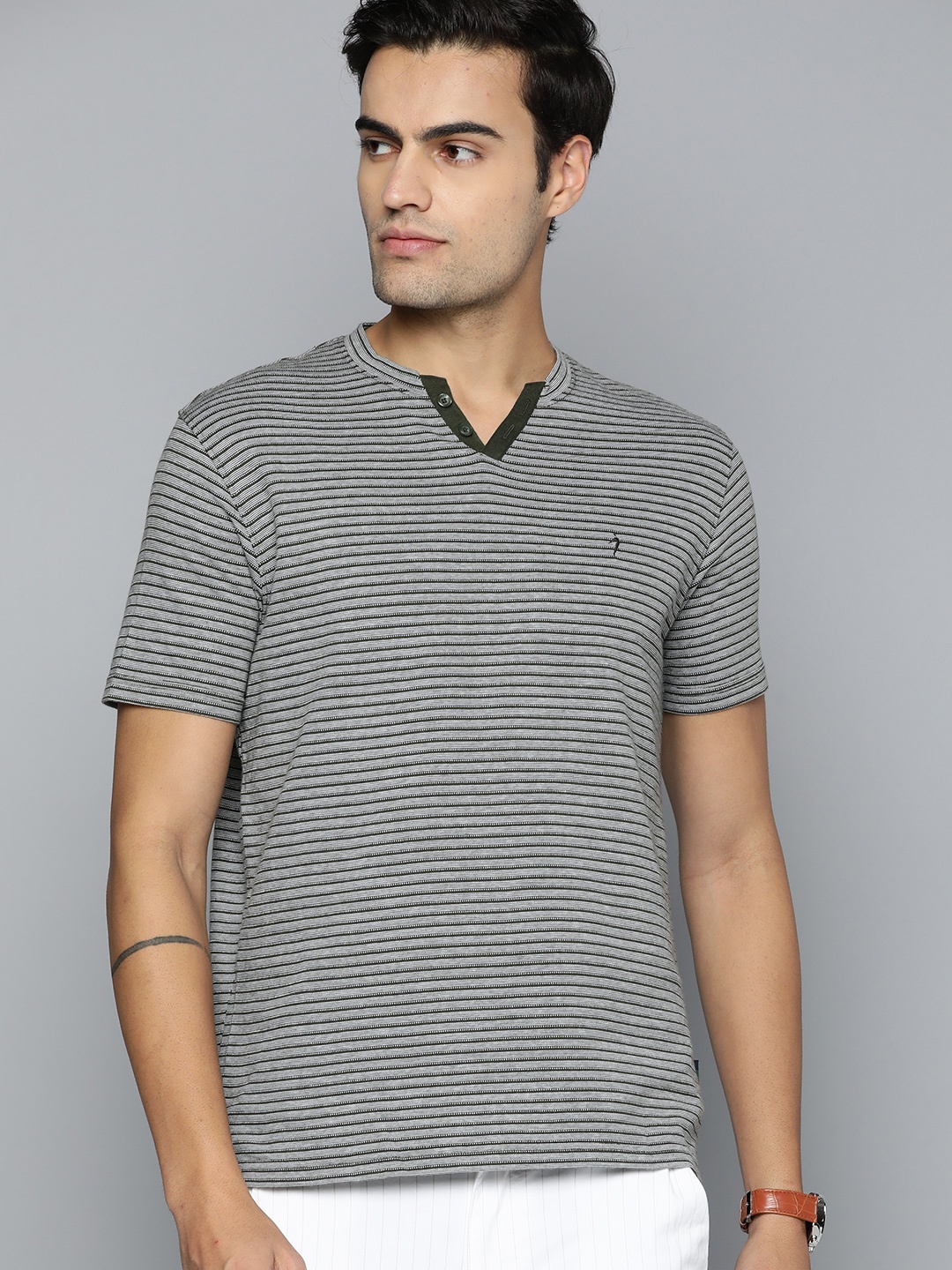 

Indian Terrain Striped Henley Neck Pure Cotton T-shirt, Olive