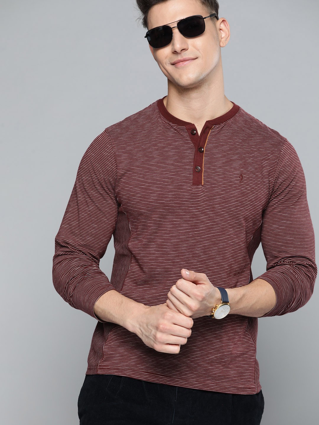 

Indian Terrain Men Maroon & White Pure Cotton Striped Henley Neck T-shirt