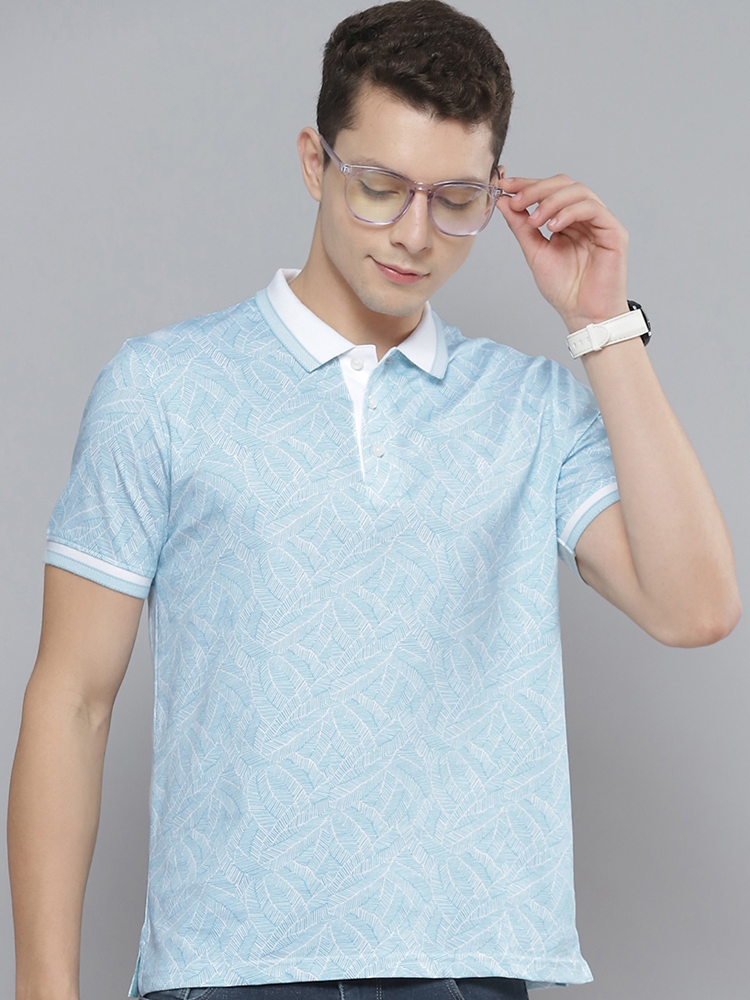 

Indian Terrain Men Blue & White Printed Polo Collar Pure Cotton T-shirt