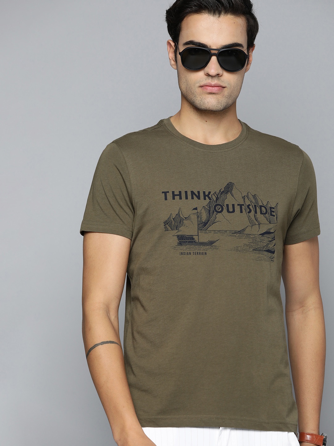 

Indian Terrain Nautical Print Pure Cotton T-shirt, Olive