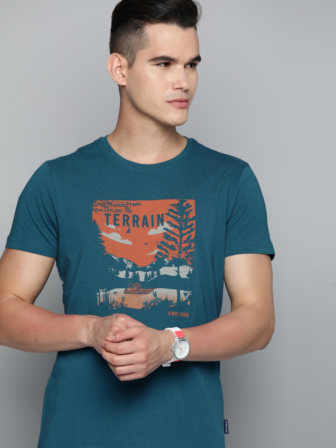 

Indian Terrain Printed Pure Cotton T-shirt, Teal