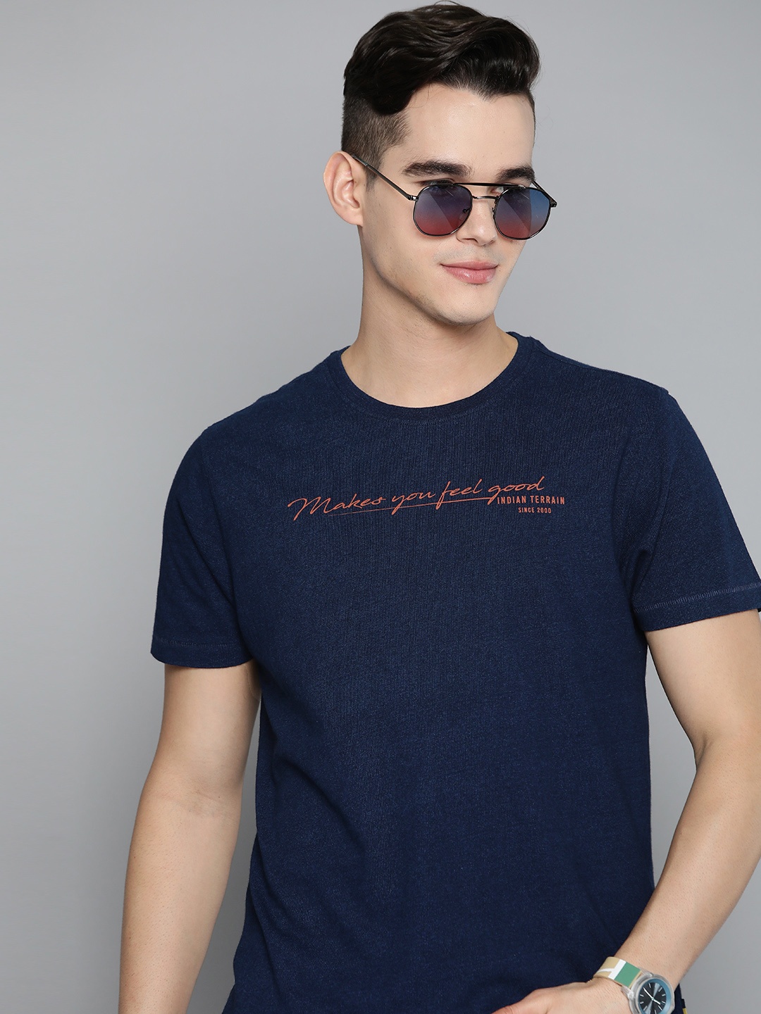 

Indian Terrain Typography Printed Pure Cotton T-shirt, Navy blue
