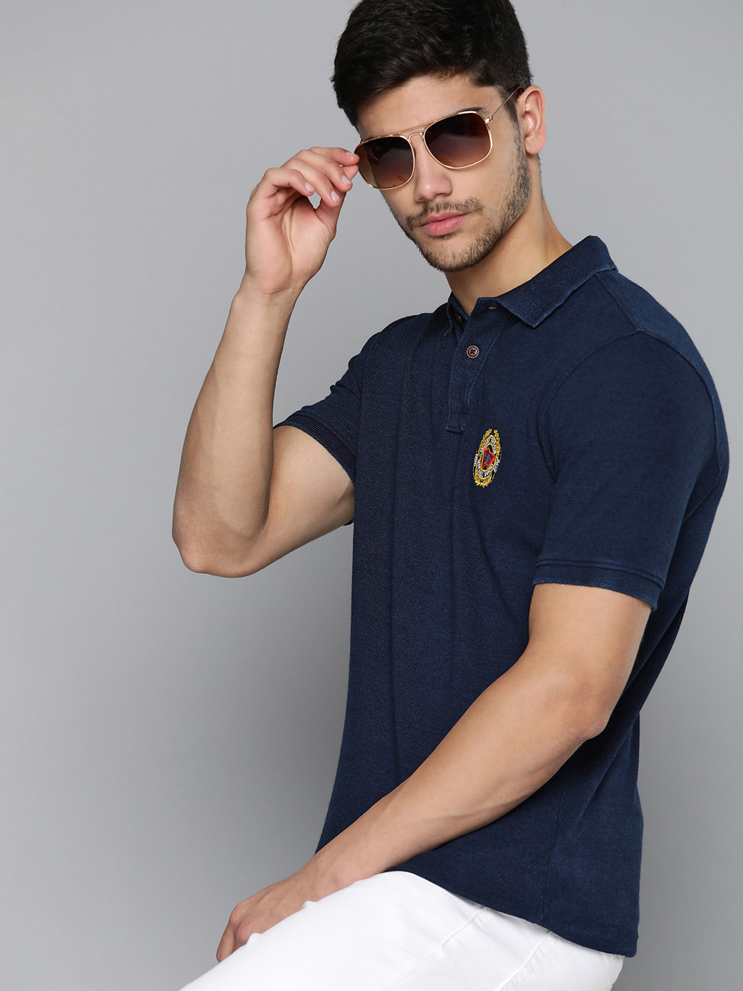 

Indian Terrain Men Brand Logo Printed Polo Collar Pure Cotton T-shirt, Navy blue