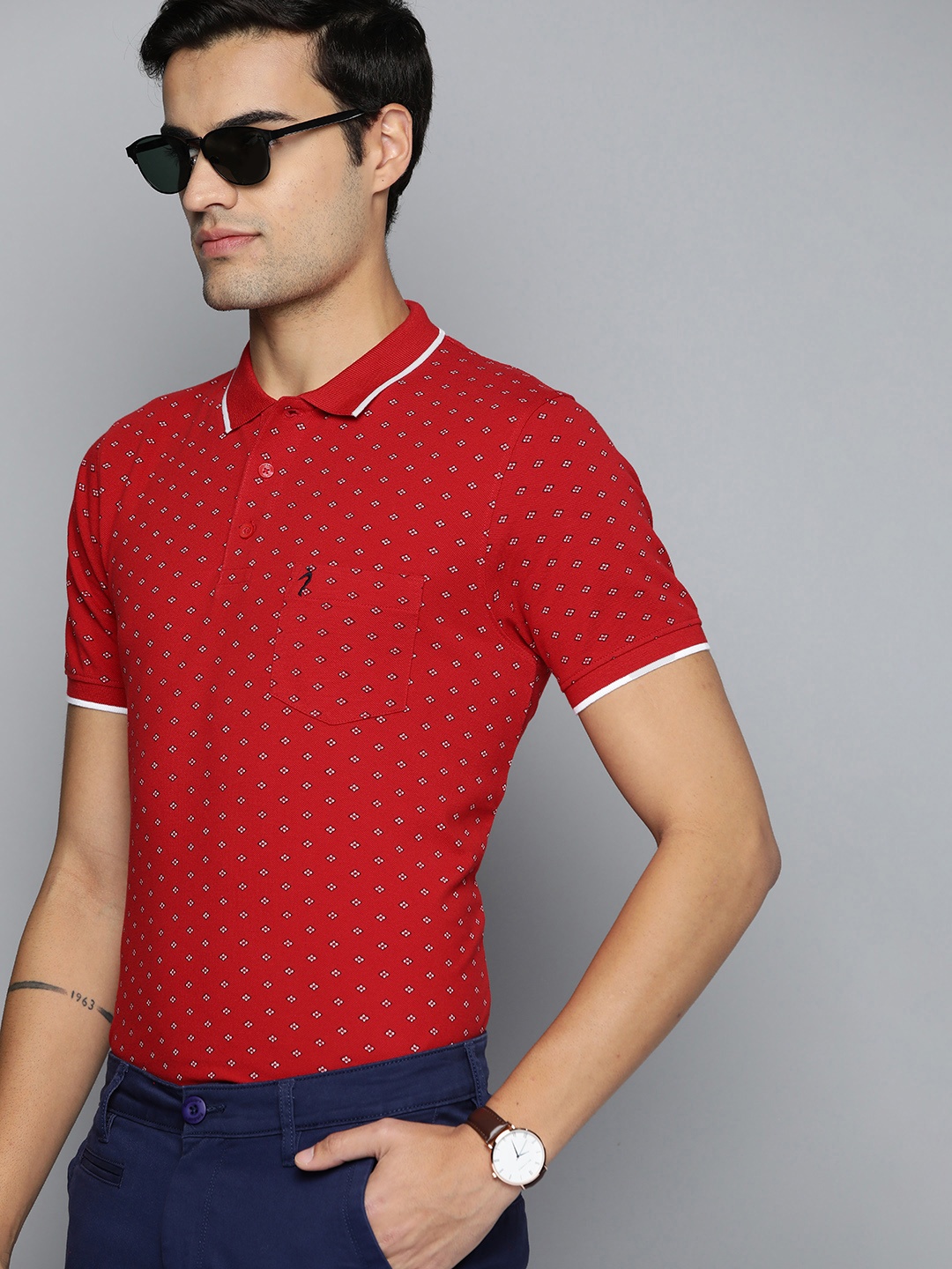 

Indian Terrain Geometric Printed Polo Collar Pure Cotton T-shirt, Red