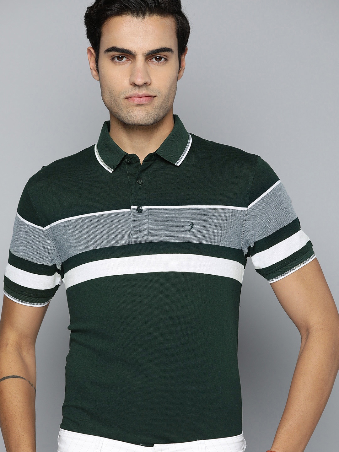 

Indian Terrain Striped Polo Collar Pure Cotton T-shirt, Green