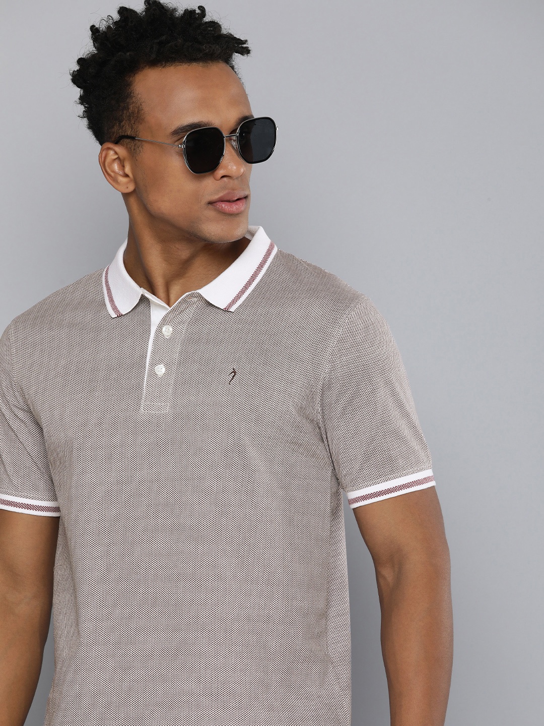 

Indian Terrain Chevron Printed Polo Collar Pure Cotton T-shirt, Burgundy