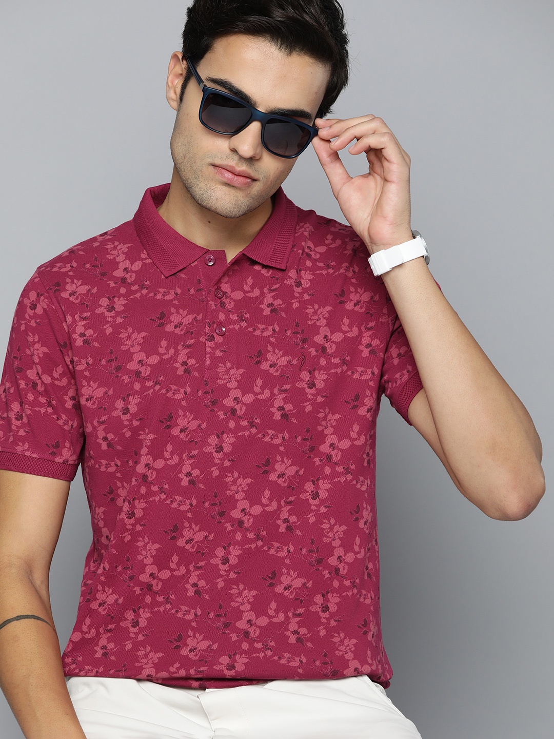 

Indian Terrain Floral Printed Polo Collar Pure Cotton T-shirt, Magenta