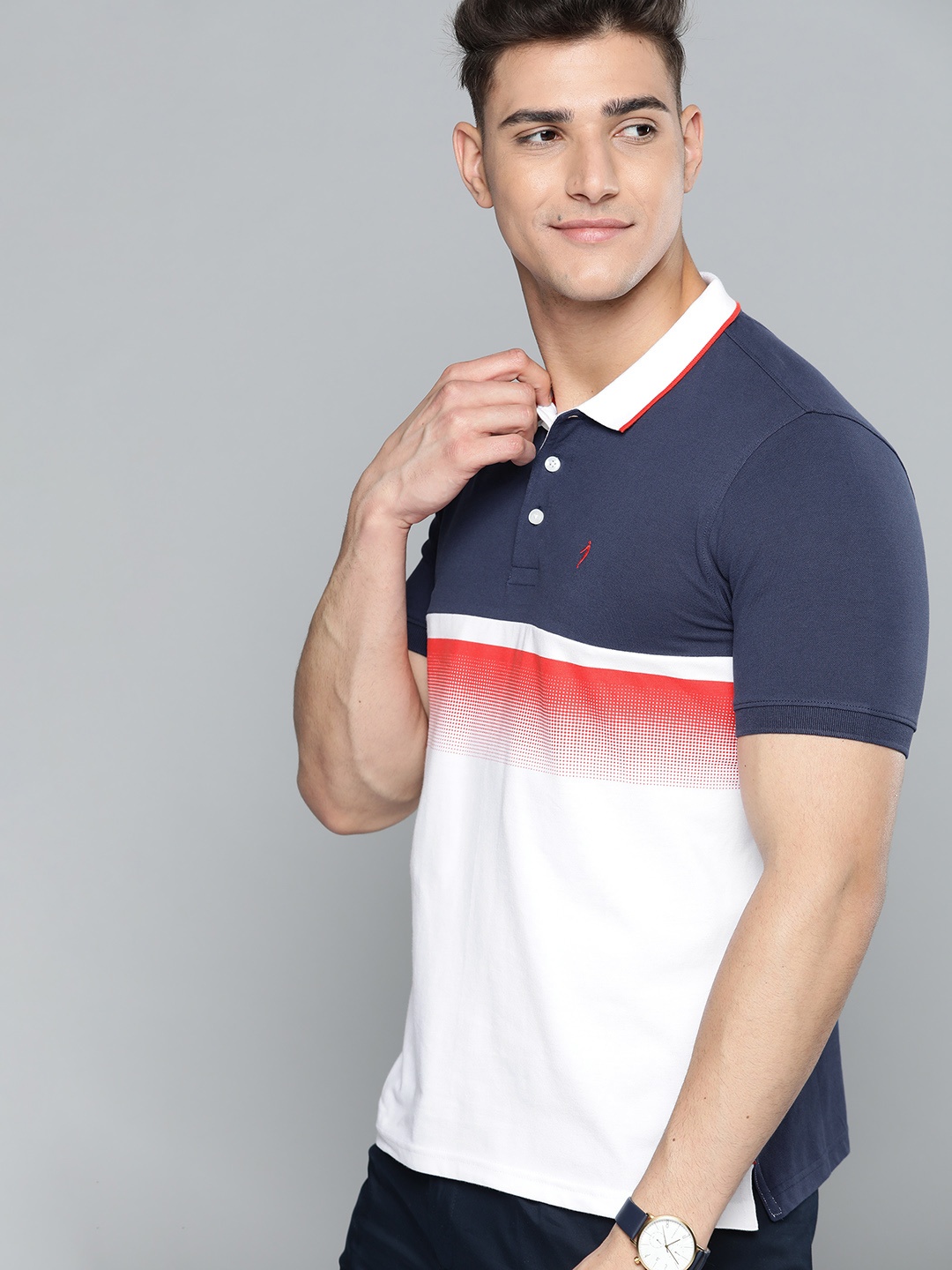 

Indian Terrain Men Navy Blue & White Colourblocked Polo Collar Pure Cotton T-shirt