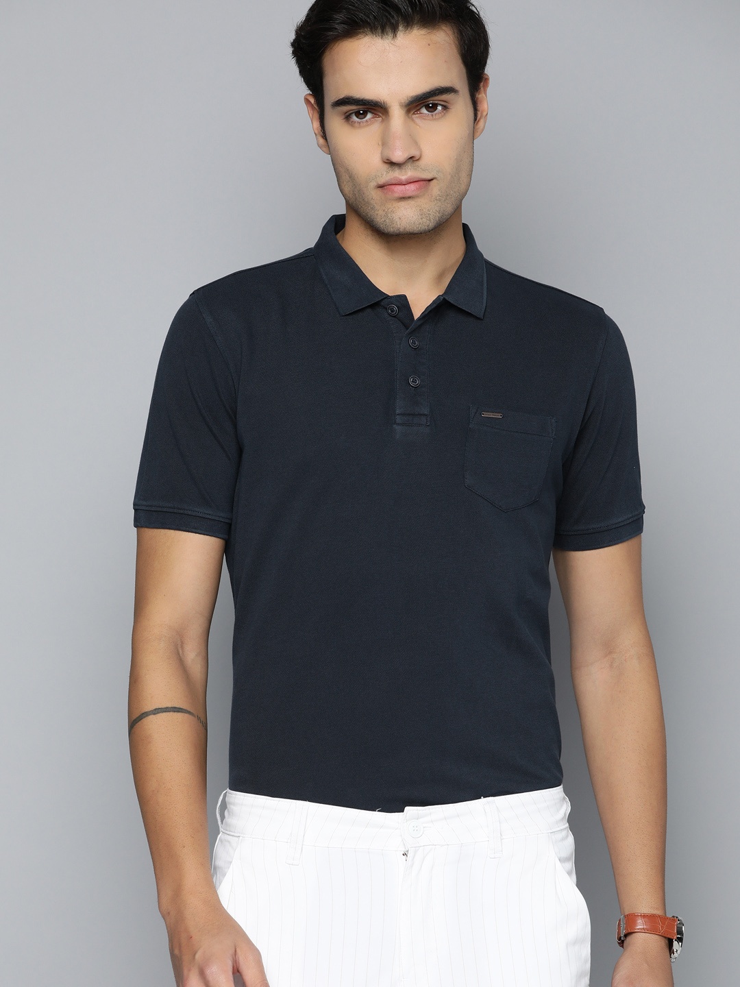 

Indian Terrain Men Polo Collar Pure Cotton T-shirt, Navy blue