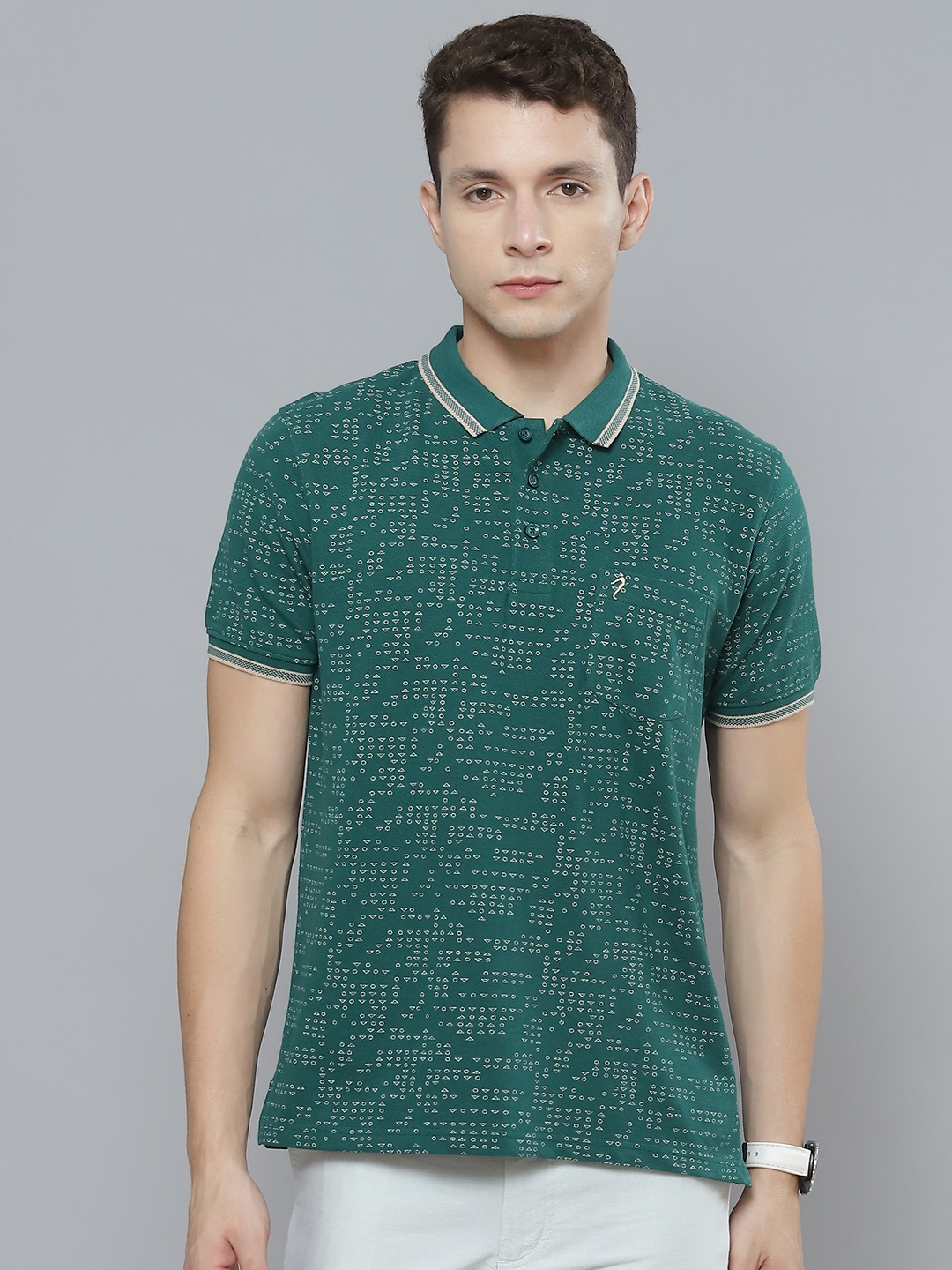 

Indian Terrain Men Green & White Printed Polo Collar Pure Cotton T-shirt