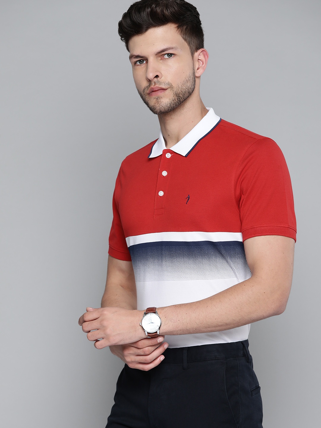 

Indian Terrain Men Red & White Colourblocked Polo Collar T-shirt